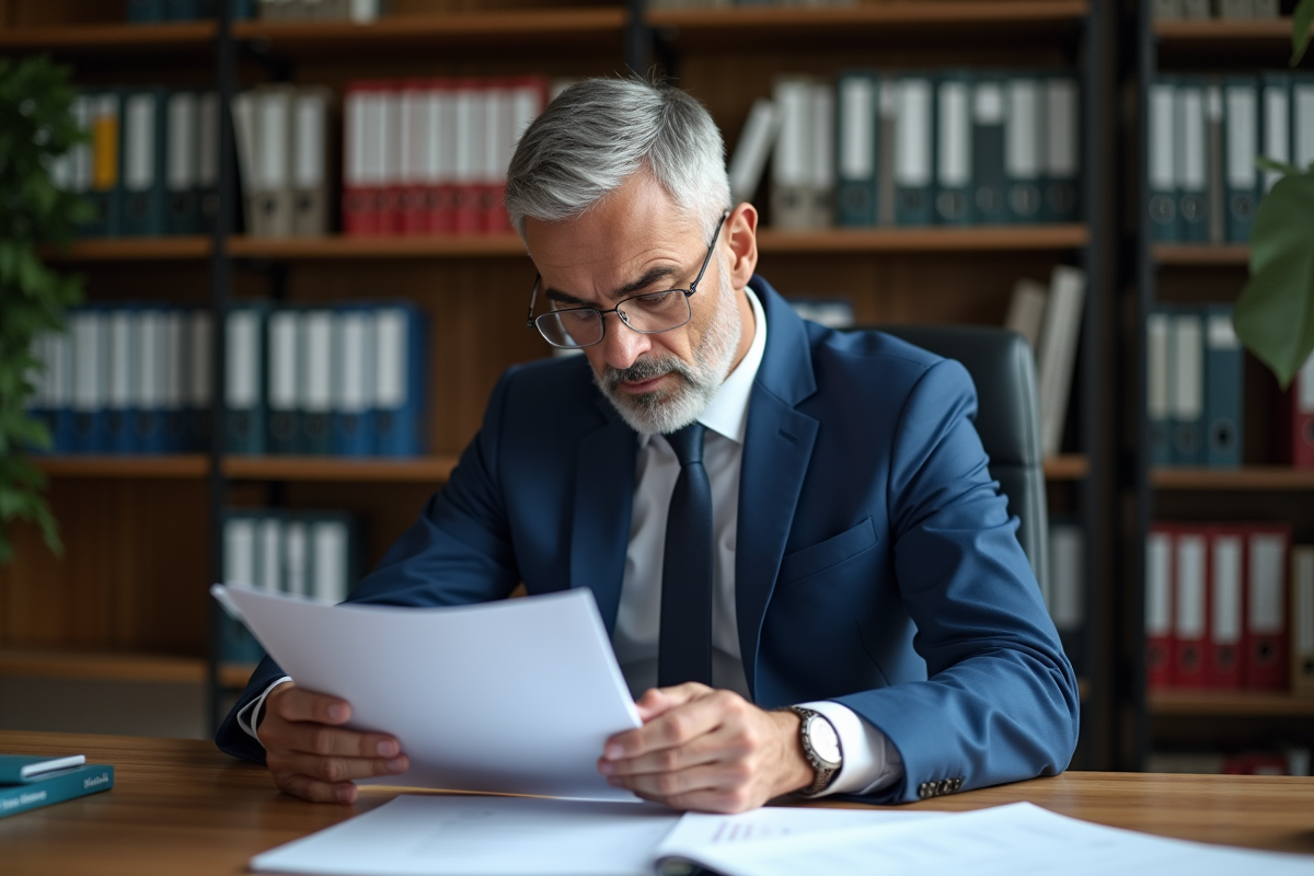Homme d'affaires en costume lisant des documents officiels