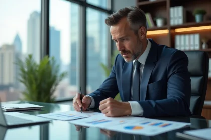 Homme d'affaires en costume analysant des graphiques financiers
