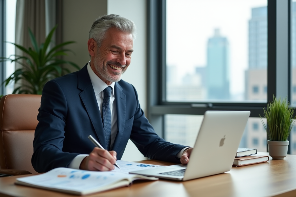 Homme d'affaires en costume bleu souriant devant un ordinateur
