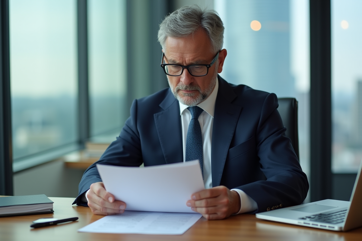 Homme d'affaires en costume lisant un document dans un bureau moderne