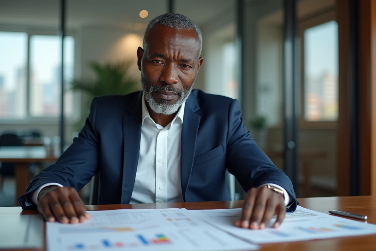 Homme d'affaires africain en costume dans un bureau moderne
