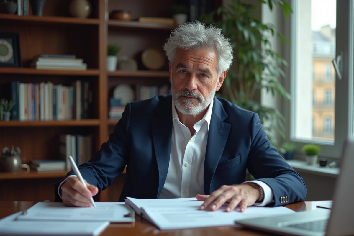 Homme d'affaires en costume dans un bureau parisien