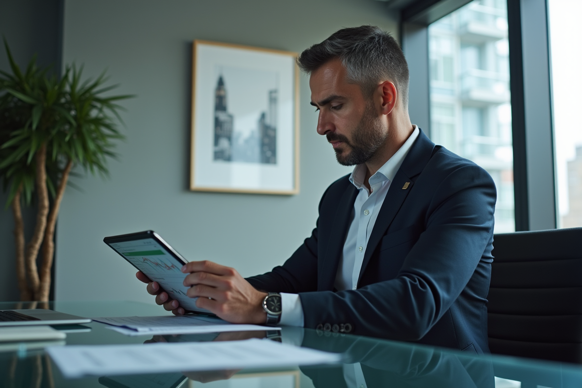 Homme d'affaires en costume analysant un portefeuille sur tablette