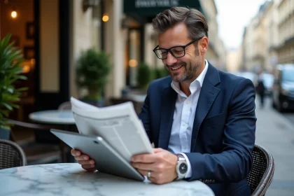 Homme d'affaires en costume regardant une tablette à Paris
