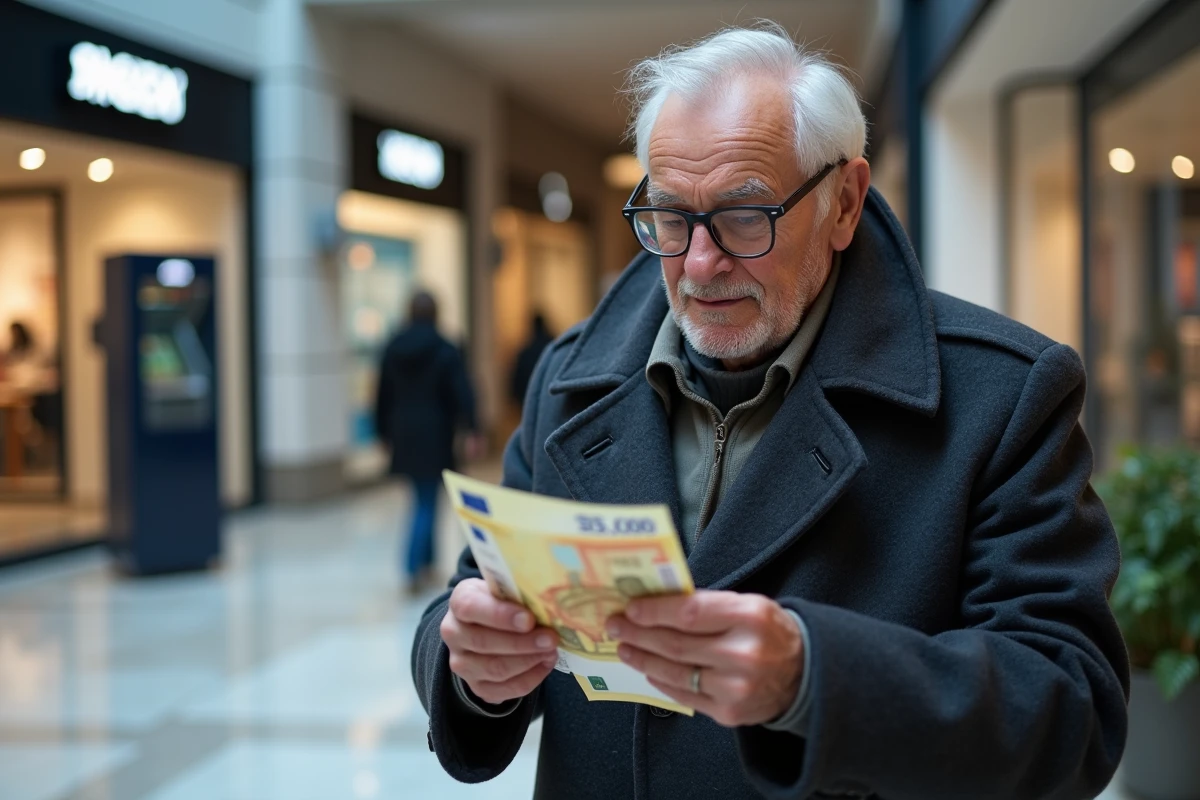 Homme âgé comptant des billets en euros retirés à un distributeur automatique dans un centre commercial français