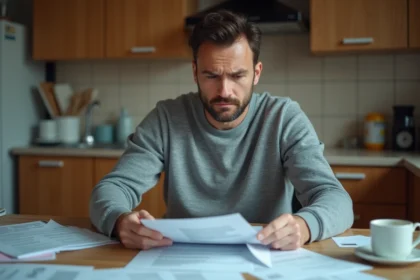 Homme stressé examinant une amende et des documents officiels à sa table de cuisine