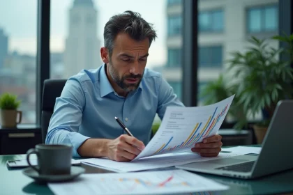 Homme d'affaires examinant un graphique financier au bureau
