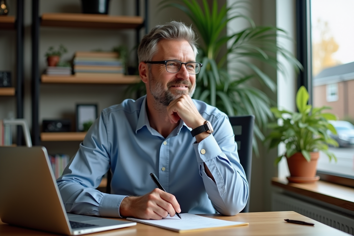 Homme d'âge moyen dans un bureau moderne en réflexion