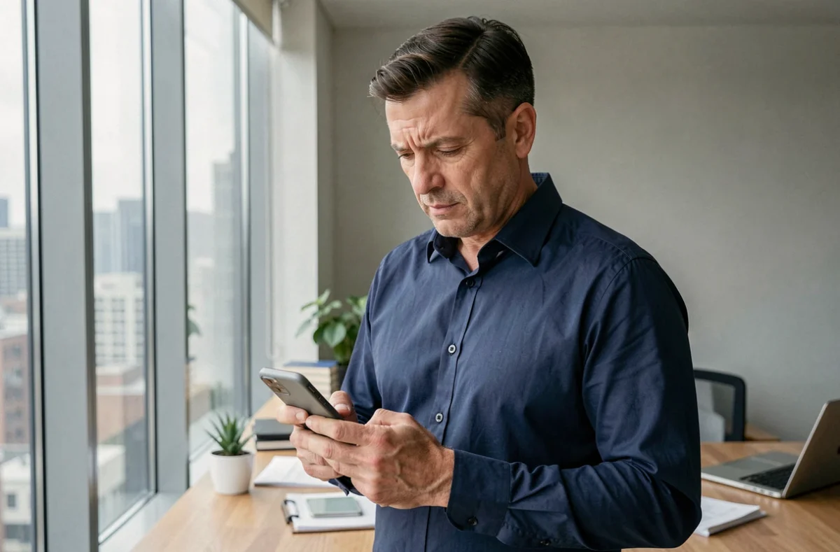 Homme dans un bureau à domicile vérifiant un numéro de téléphone inconnu sur son smartphone avec une expression préoccupée