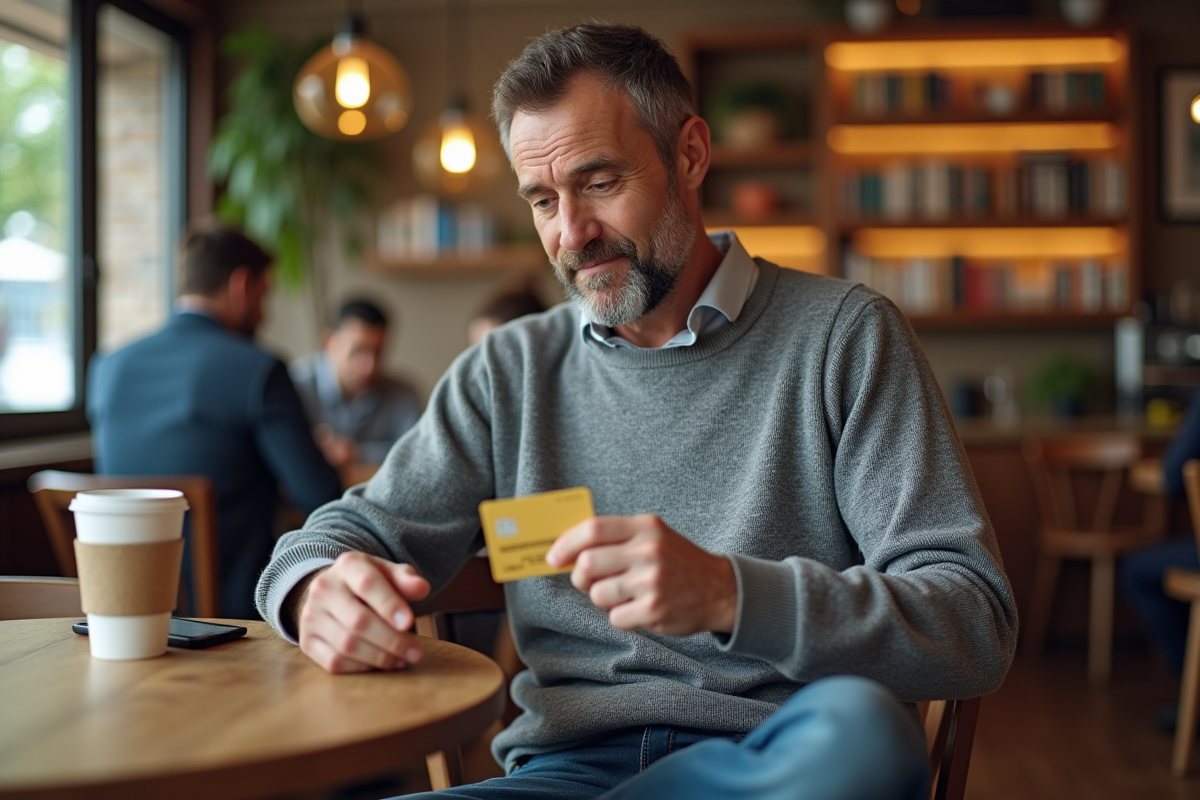 Homme détendu examinant une carte bancaire dorée au café