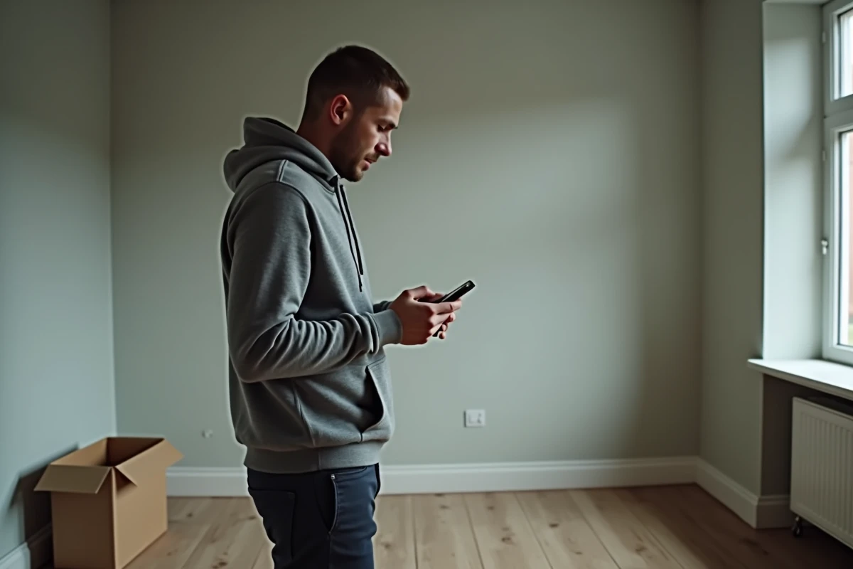Homme consultant une application d'aide au logement APL sur smartphone dans un appartement vide après déménagement