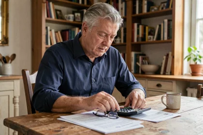 Homme de 58 ans consultant ses documents de retraite carrière longue à une table en bois chez lui