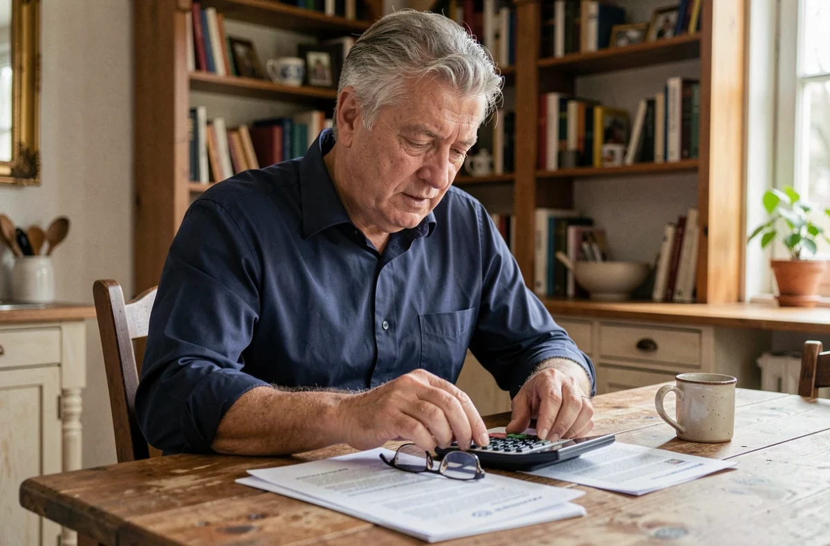 Homme de 58 ans consultant ses documents de retraite carrière longue à une table en bois chez lui