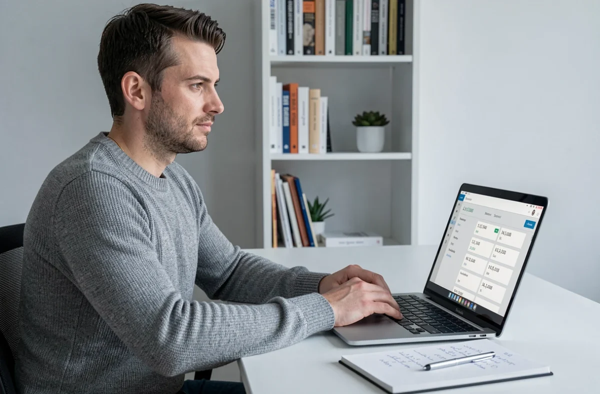 Homme calculant les intérêts de son livret A sur un ordinateur portable dans un bureau à domicile