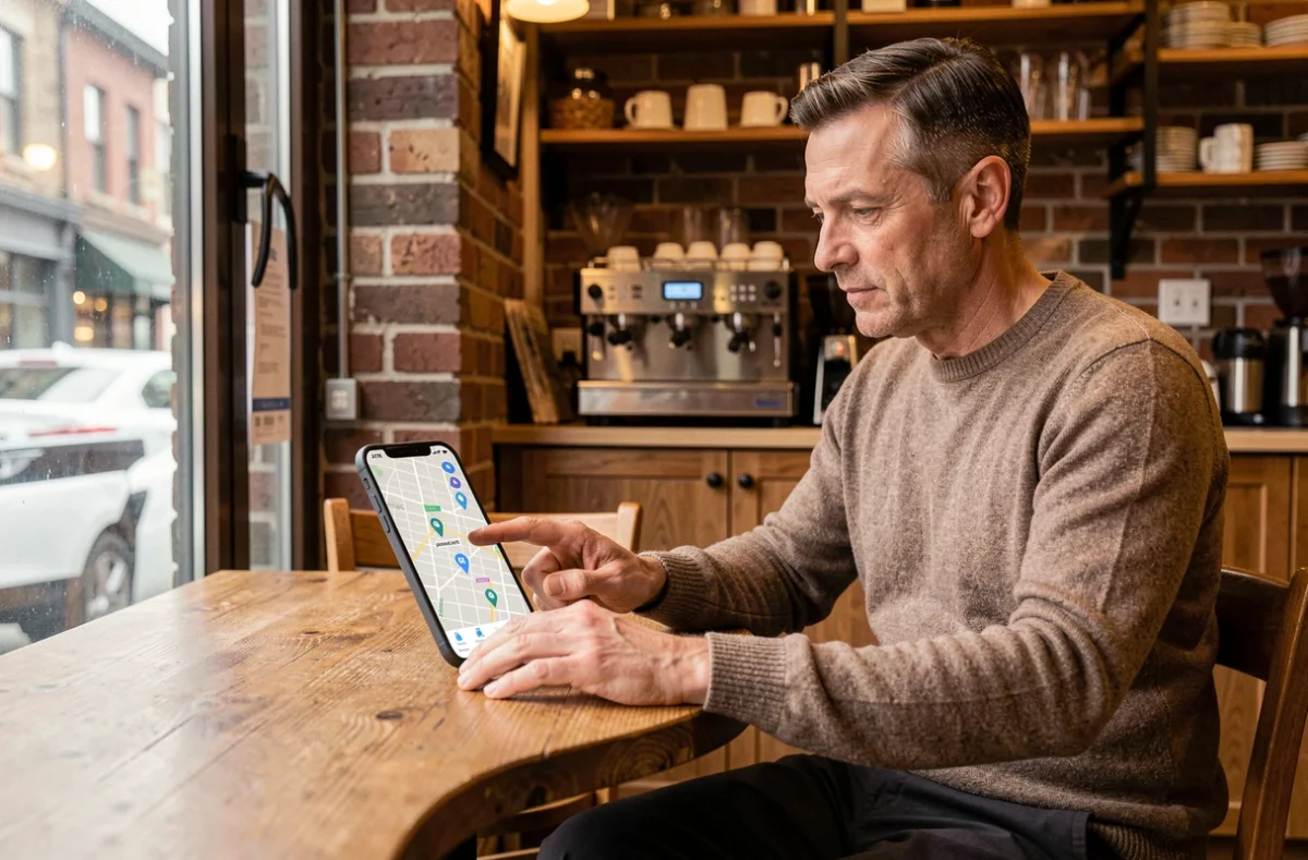 Homme consultant une carte interactive de distributeurs de billets sur smartphone dans un café avant un départ en voyage