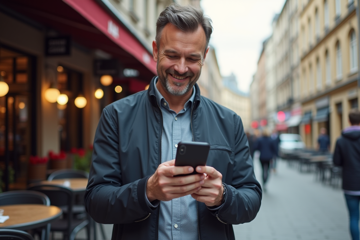 Homme en ville comparant des applications cashback avec son smartphone