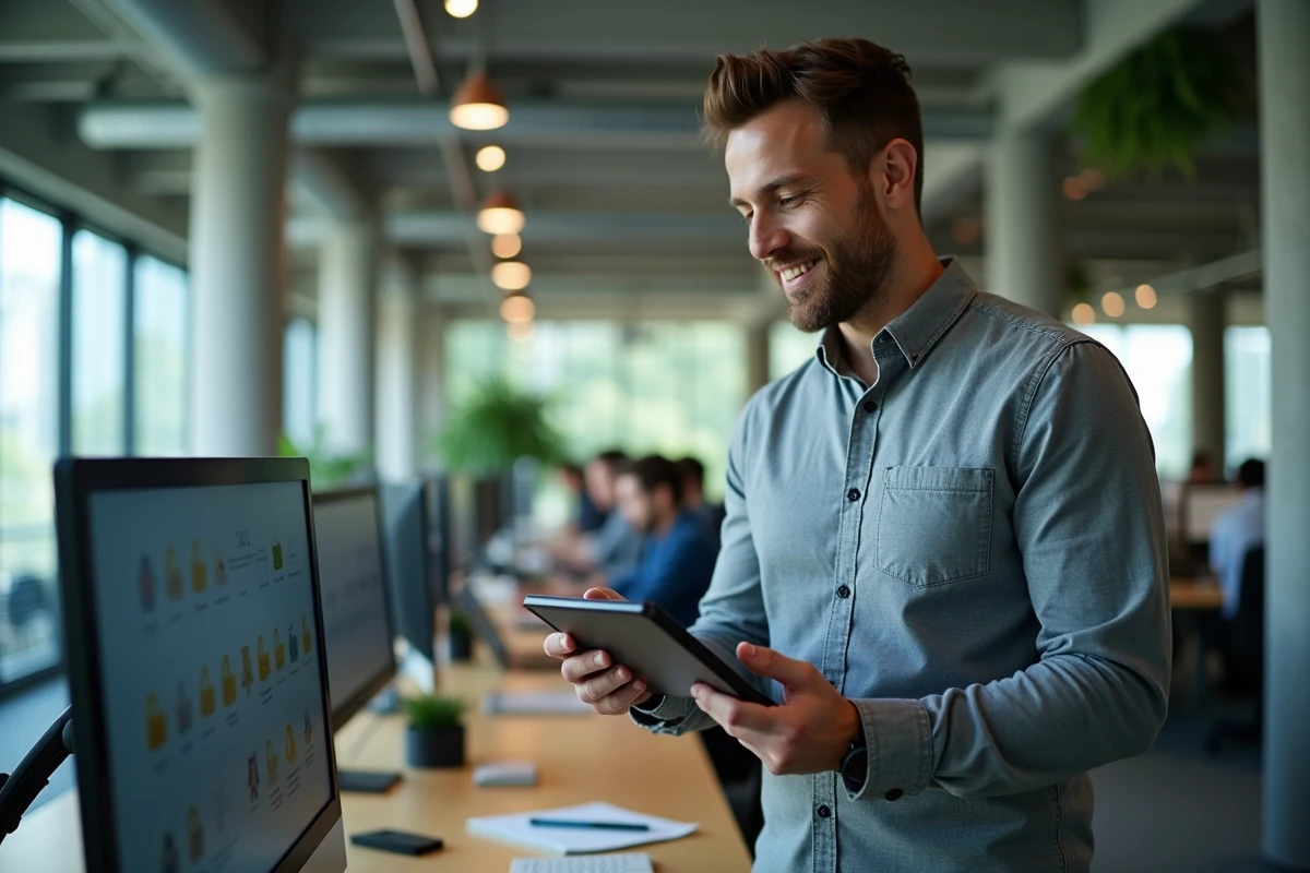 Homme consultant son coffre-fort numérique sur une tablette dans un espace de travail en open space