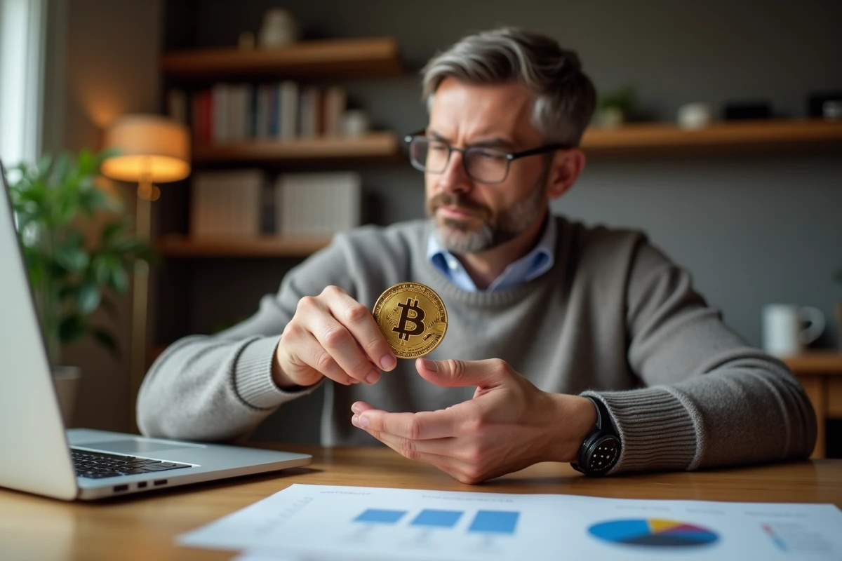 Homme pensif tenant une pièce blockchain dans un intérieur cosy