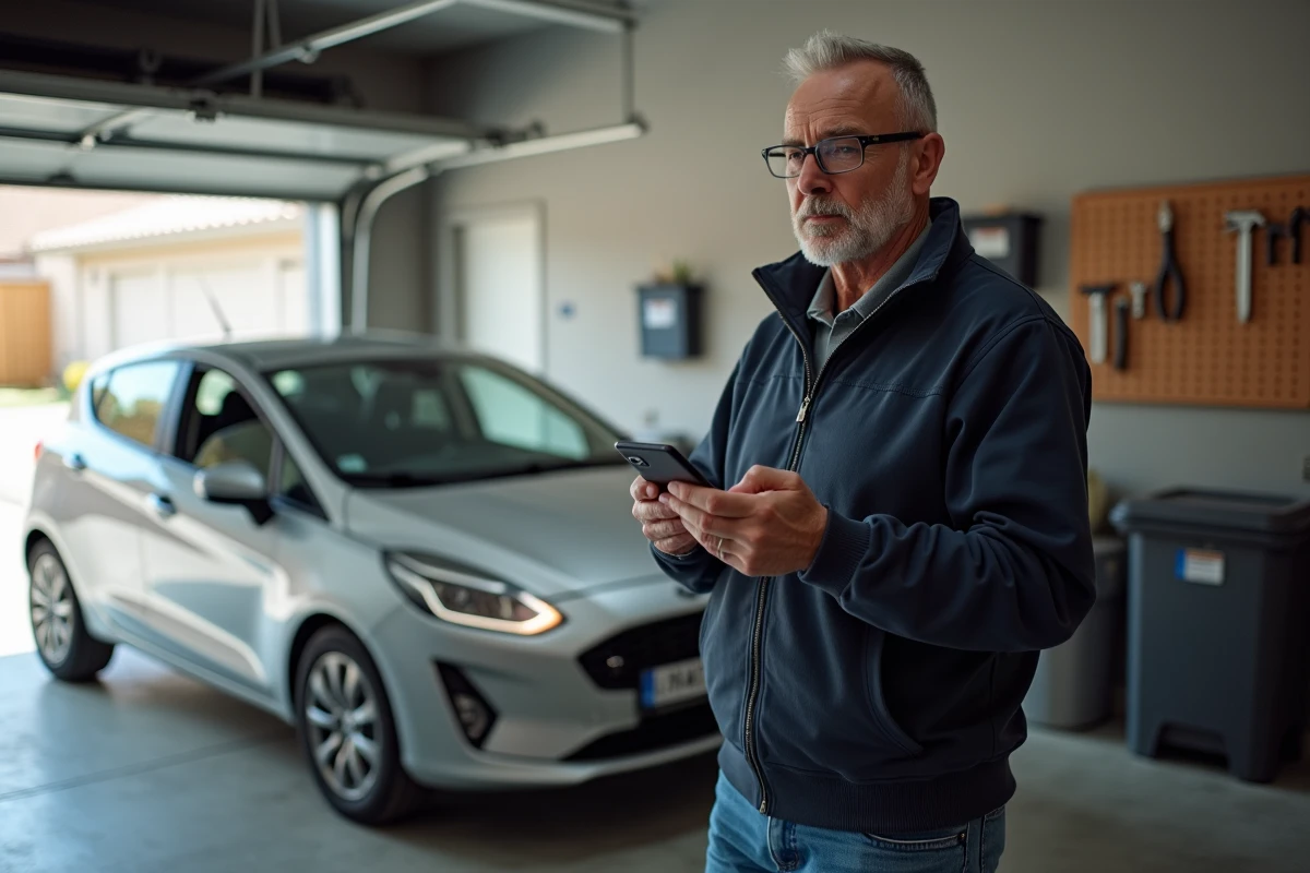 Homme consultant une comparaison d'assurance auto sur smartphone dans un garage résidentiel