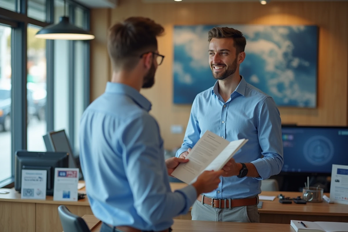 Homme discutant avec une conseillère bancaire au guichet
