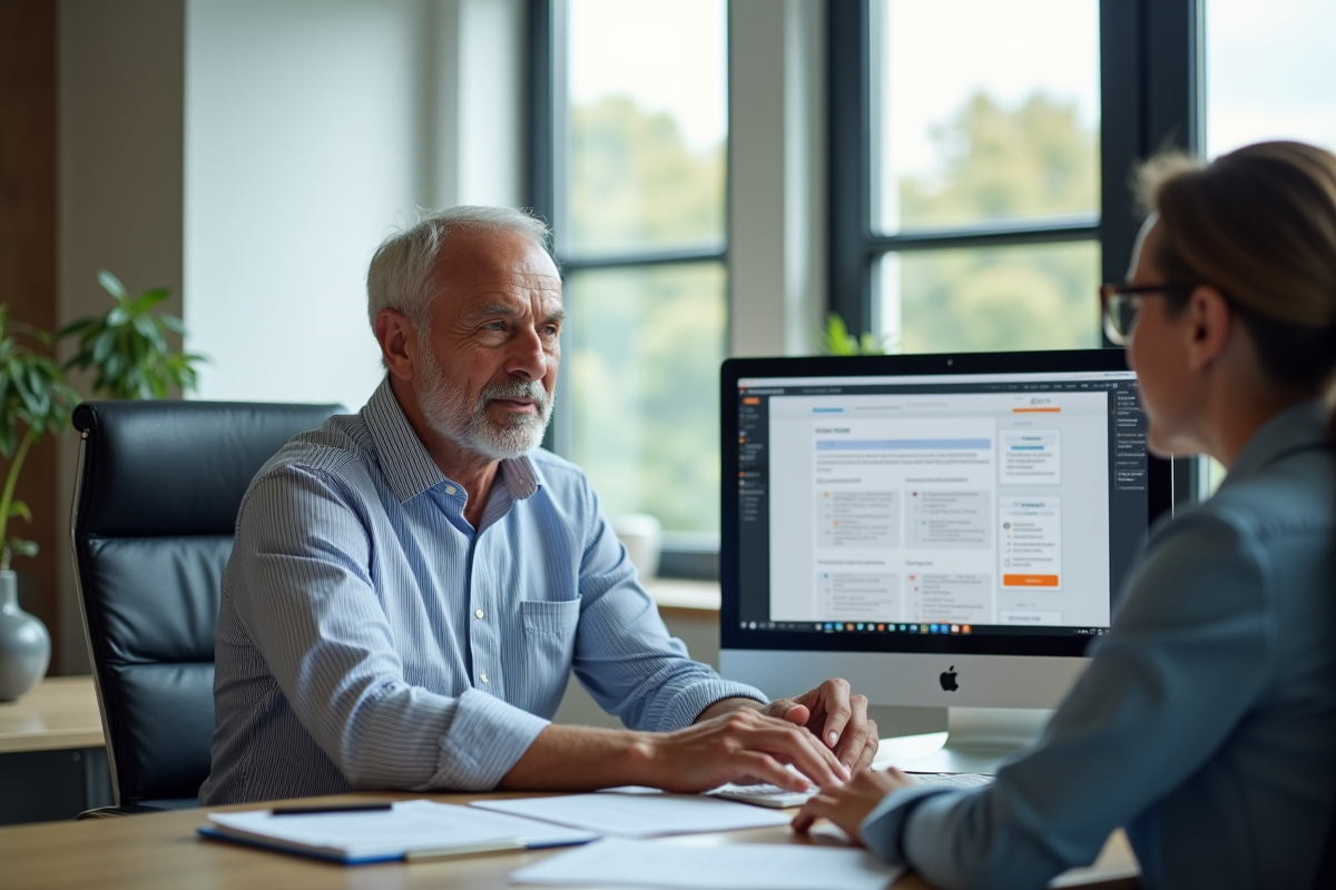 Homme en discussion avec un conseiller dans un bureau moderne
