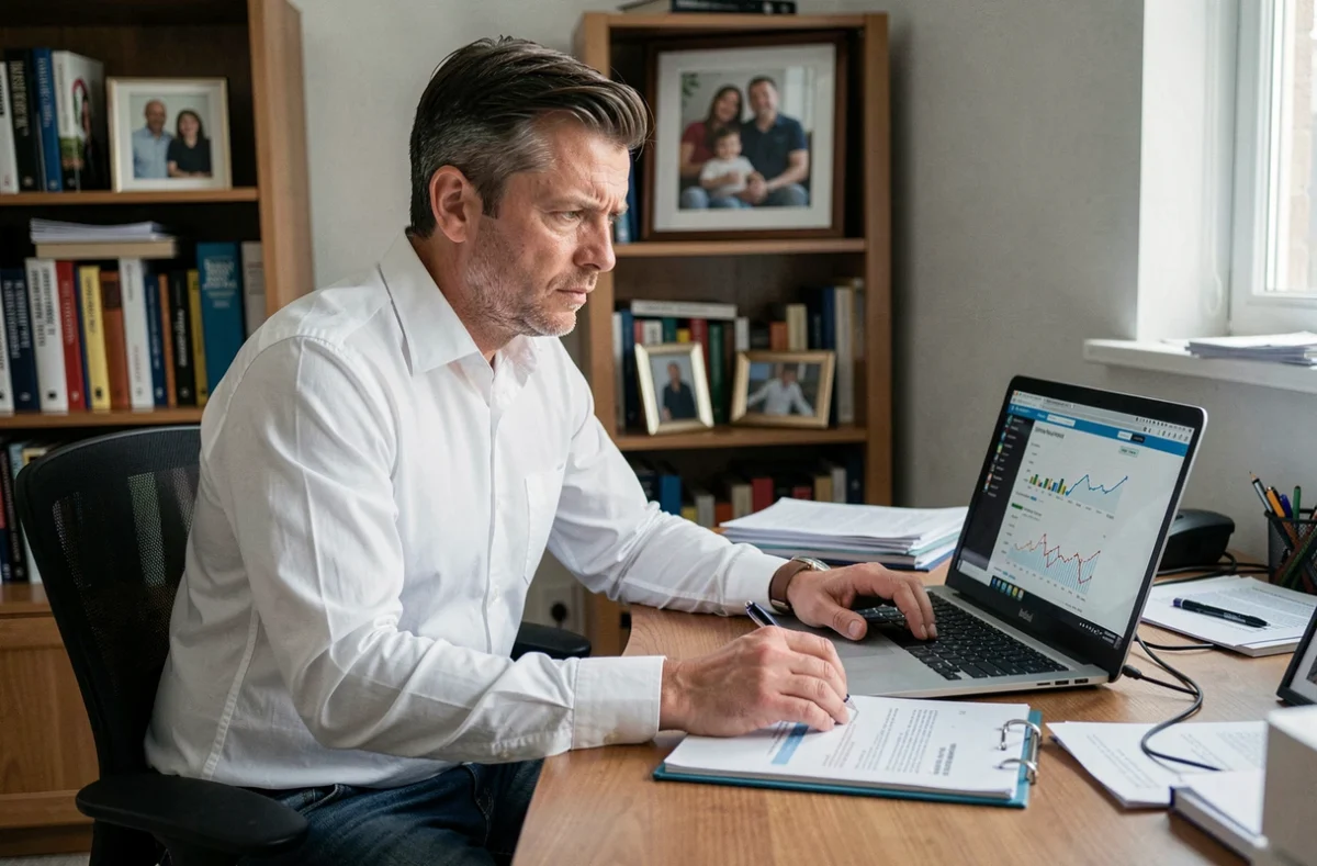Homme consultant un organisme de crédit en ligne depuis son bureau à domicile