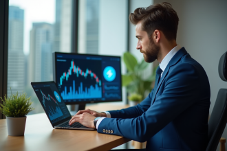 Jeune homme en costume bleu étudiant des graphiques crypto