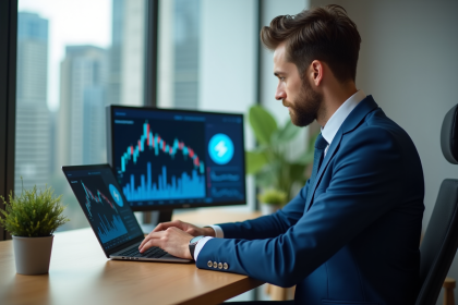 Jeune homme en costume bleu étudiant des graphiques crypto
