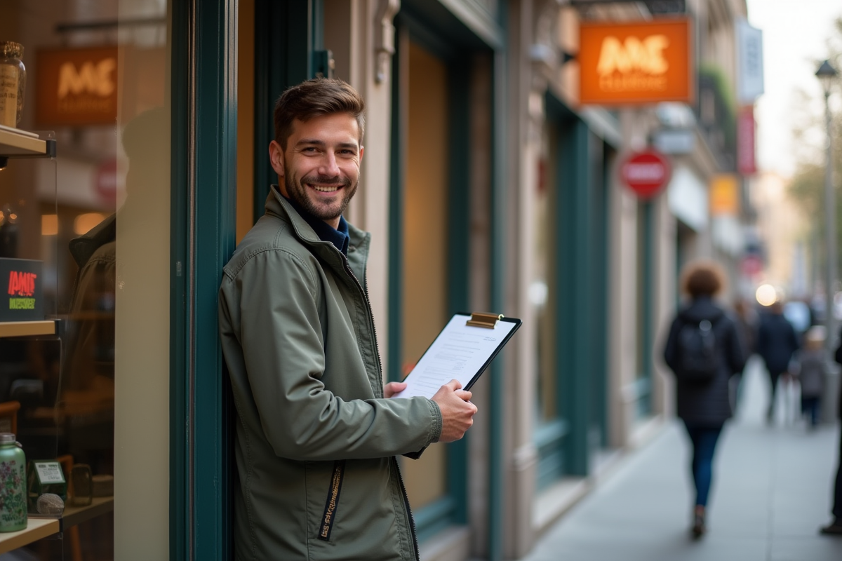 Jeune homme souriant devant une boutique en ville