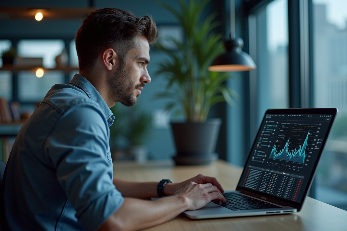 Homme concentré examinant une interface blockchain sur son ordinateur