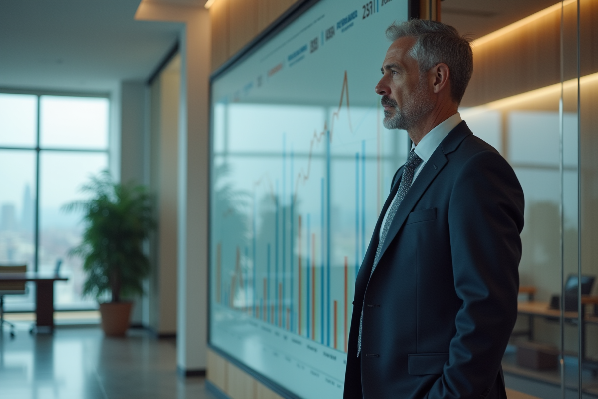 Homme en costume examine des graphiques financiers dans un bureau