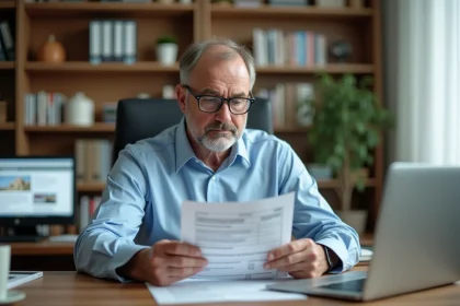 Homme consultant un formulaire fiscal H1 impôt 6650 à son bureau à domicile