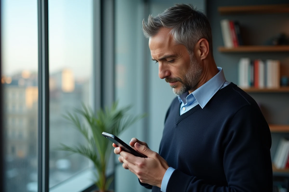 Homme français vérifiant une notification bancaire au bureau