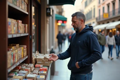 Homme regardant des paquets de tabac dans un kiosque en Espagne