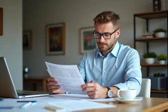 Homme d'âge moyen examinant un formulaire d'impots