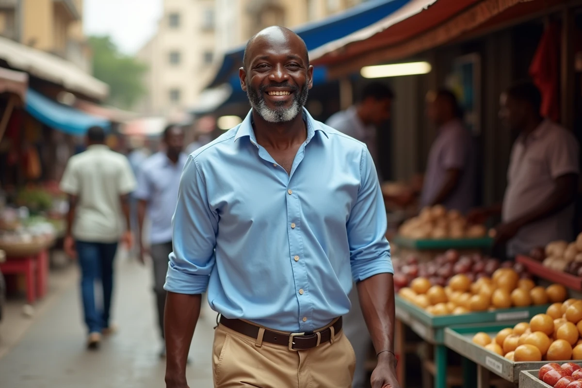 Homme africain souriant dans un marché urbain animé