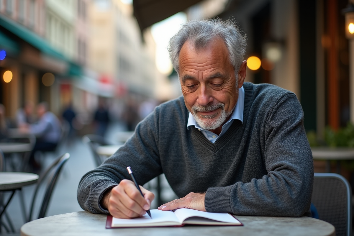 Homme prenant des notes au café en extérieur
