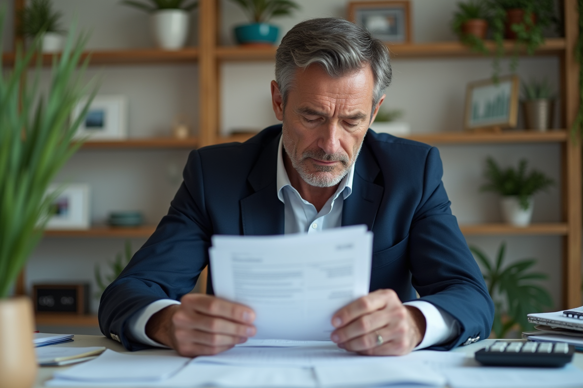 Homme d'âge moyen examinant un relevé de prêt dans un bureau à domicile