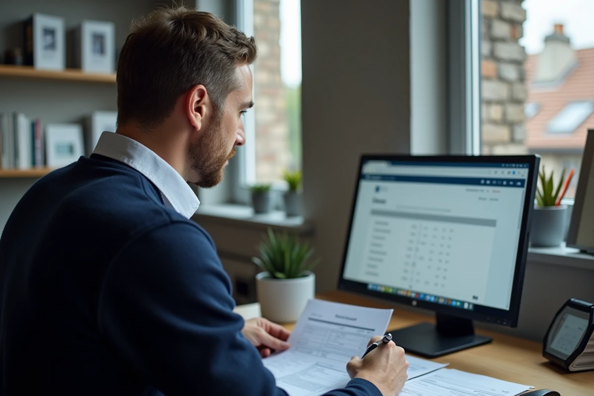 Homme en bureau préparant sa déclaration fiscale sur ordinateur