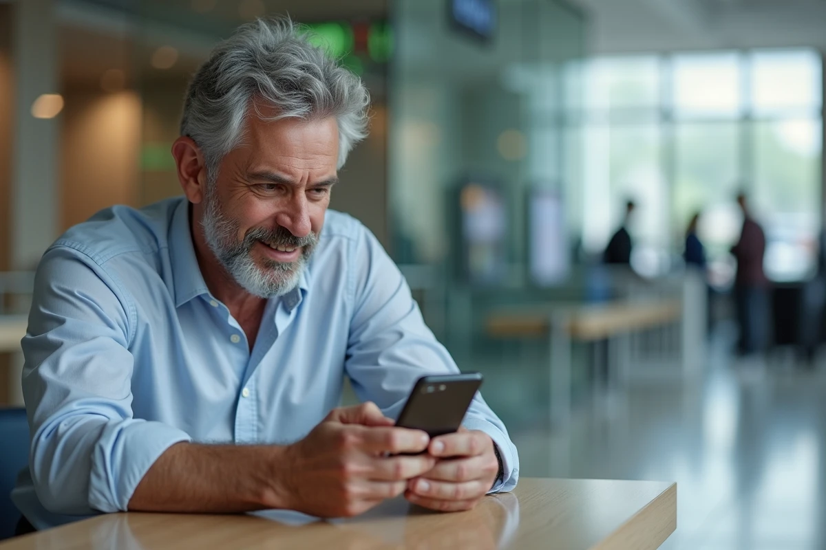 Homme relaxe vérifiant un message de confirmation dans une banque moderne
