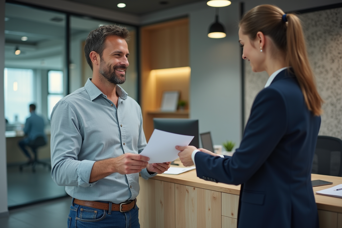 Homme remettant une lettre à un agent dans un bureau d