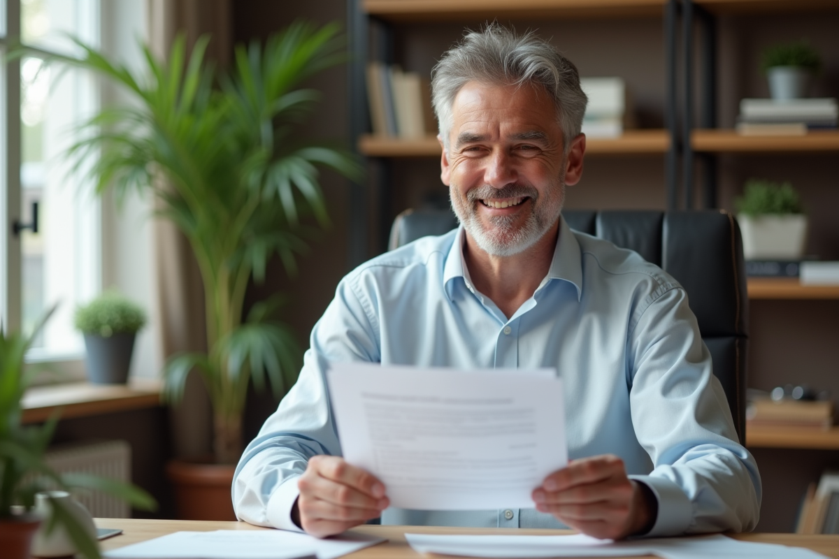 Homme d'âge moyen souriant en bureau moderne
