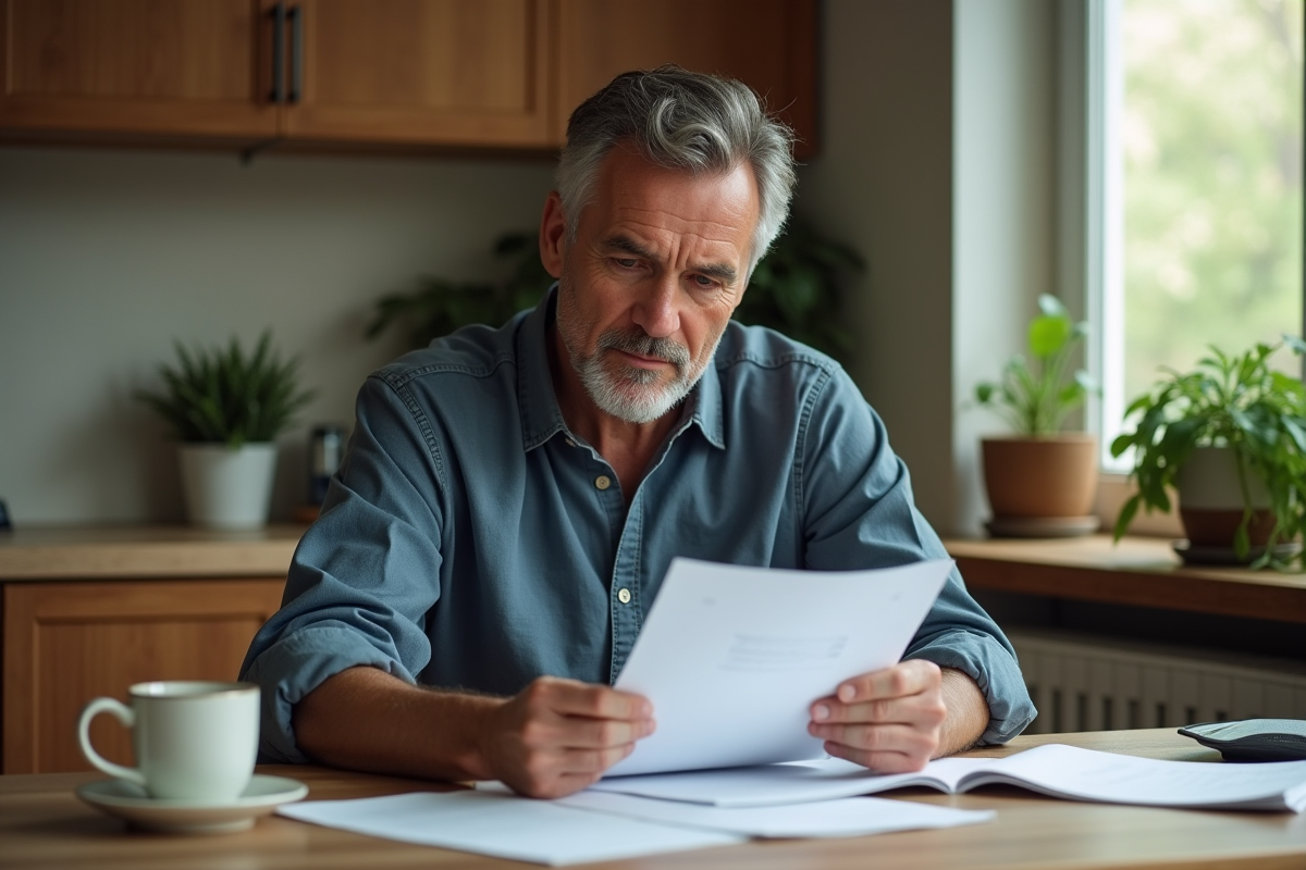 Homme d'âge moyen en tenue casual dans une cuisine en train de revoir des papiers