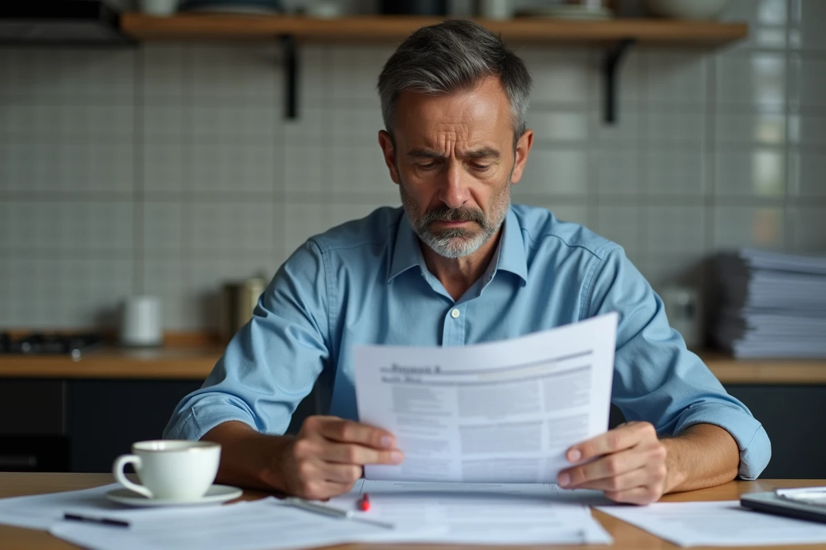 Homme inquiet lisant des documents dans la cuisine