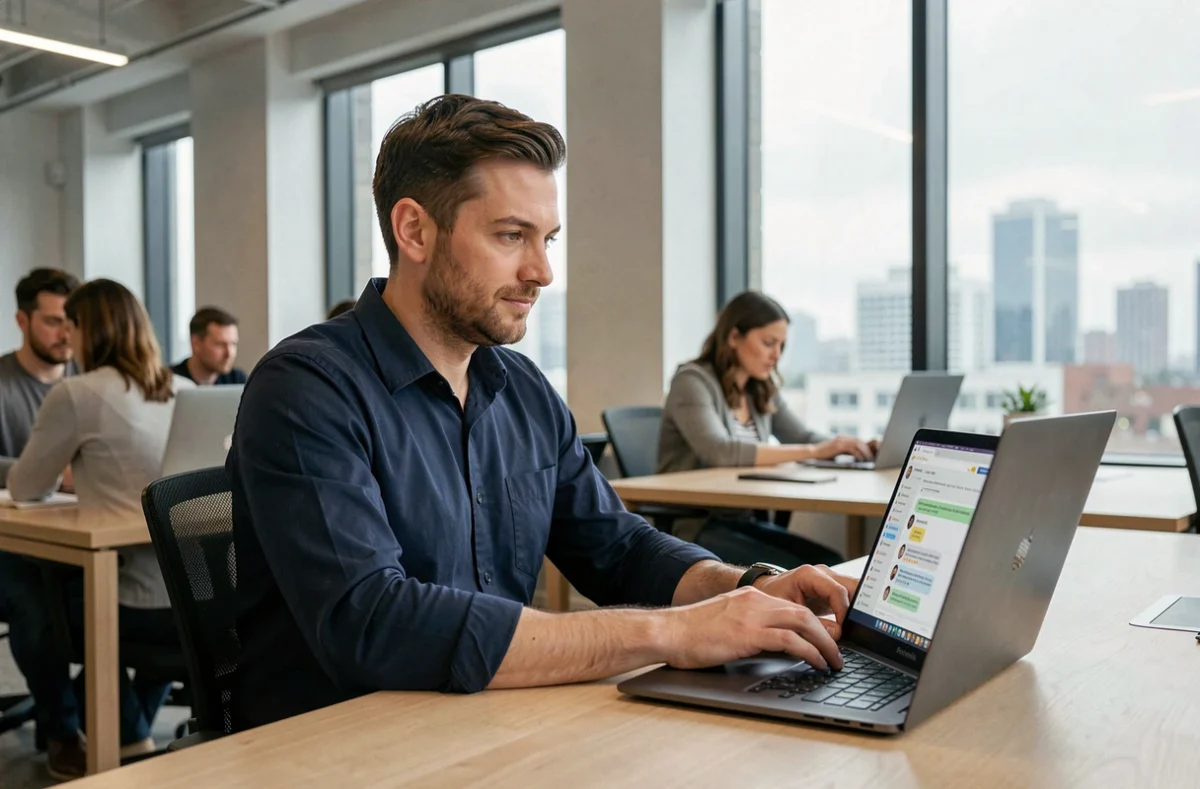 Homme contactant le support client Lydia via chat en ligne dans un espace de coworking