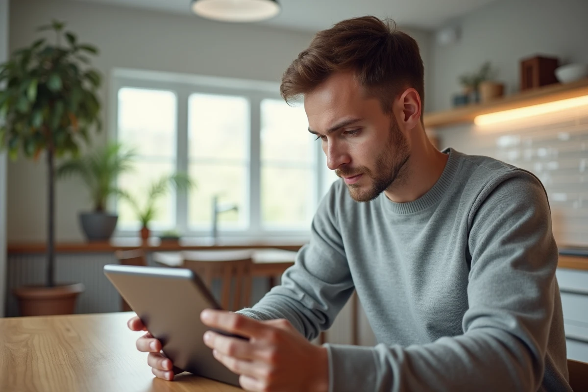Homme consultant les nouvelles cotisations d'assurance sur une tablette dans une cuisine moderne