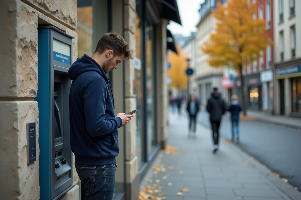 Homme consultant son téléphone devant un distributeur de billets intégré dans un mur en France