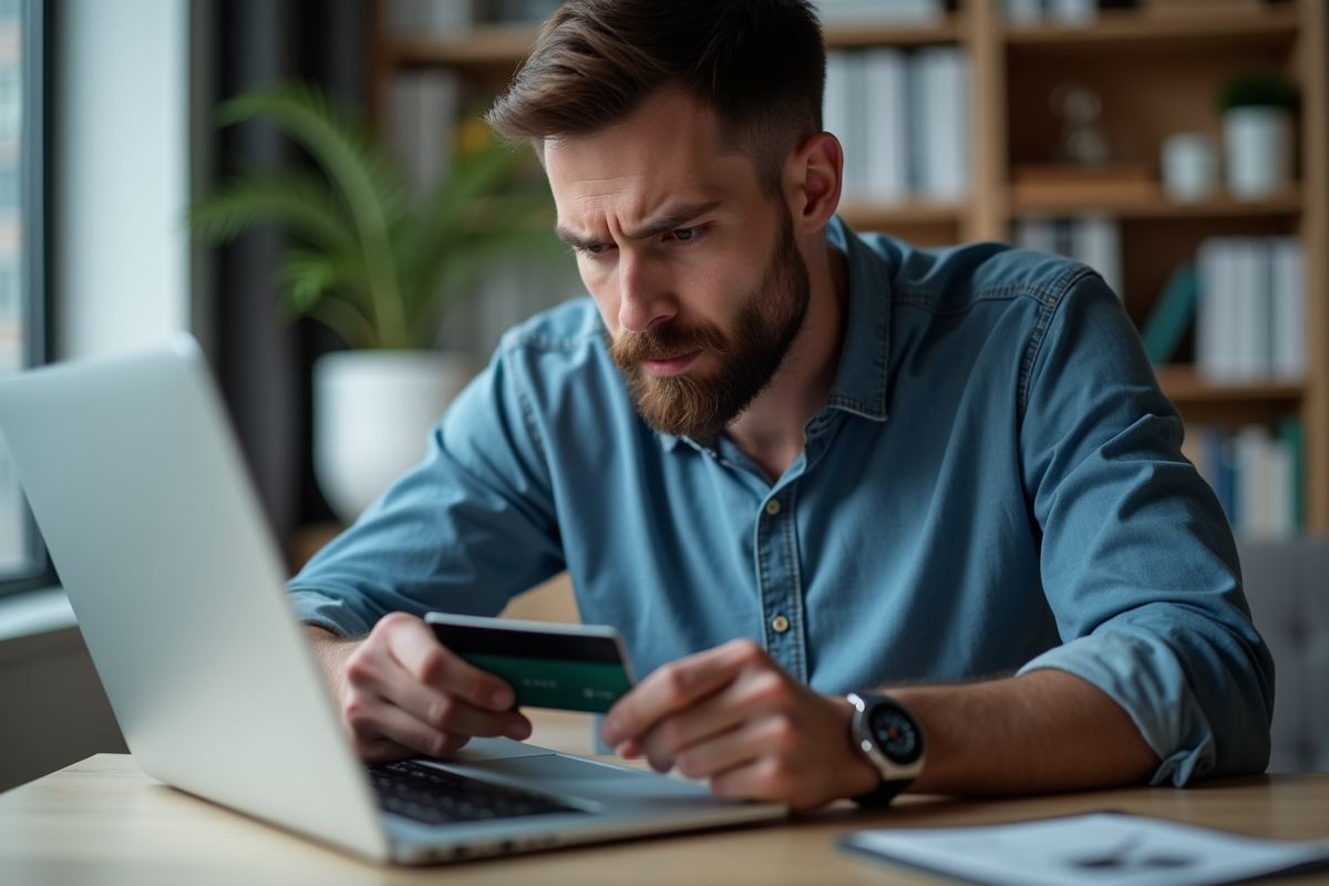 Homme en bureau vérifiant une erreur de paiement sur son ordinateur