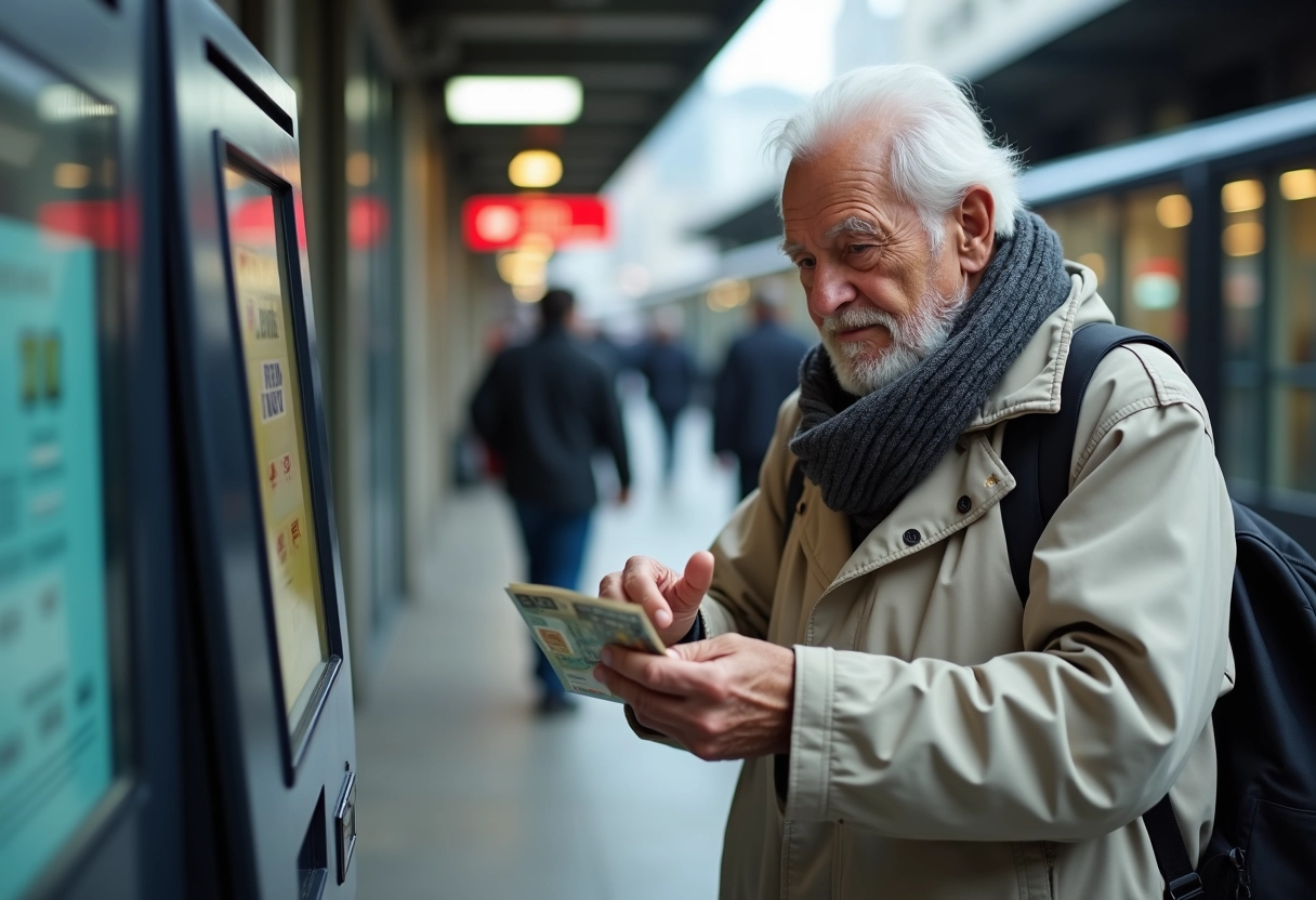 Homme âgé utilisant une machine à tickets dans un espace urbain