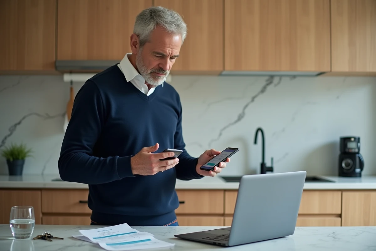 Homme consultant une application bancaire sur smartphone avant de valider un virement pour un achat coûteux à distance